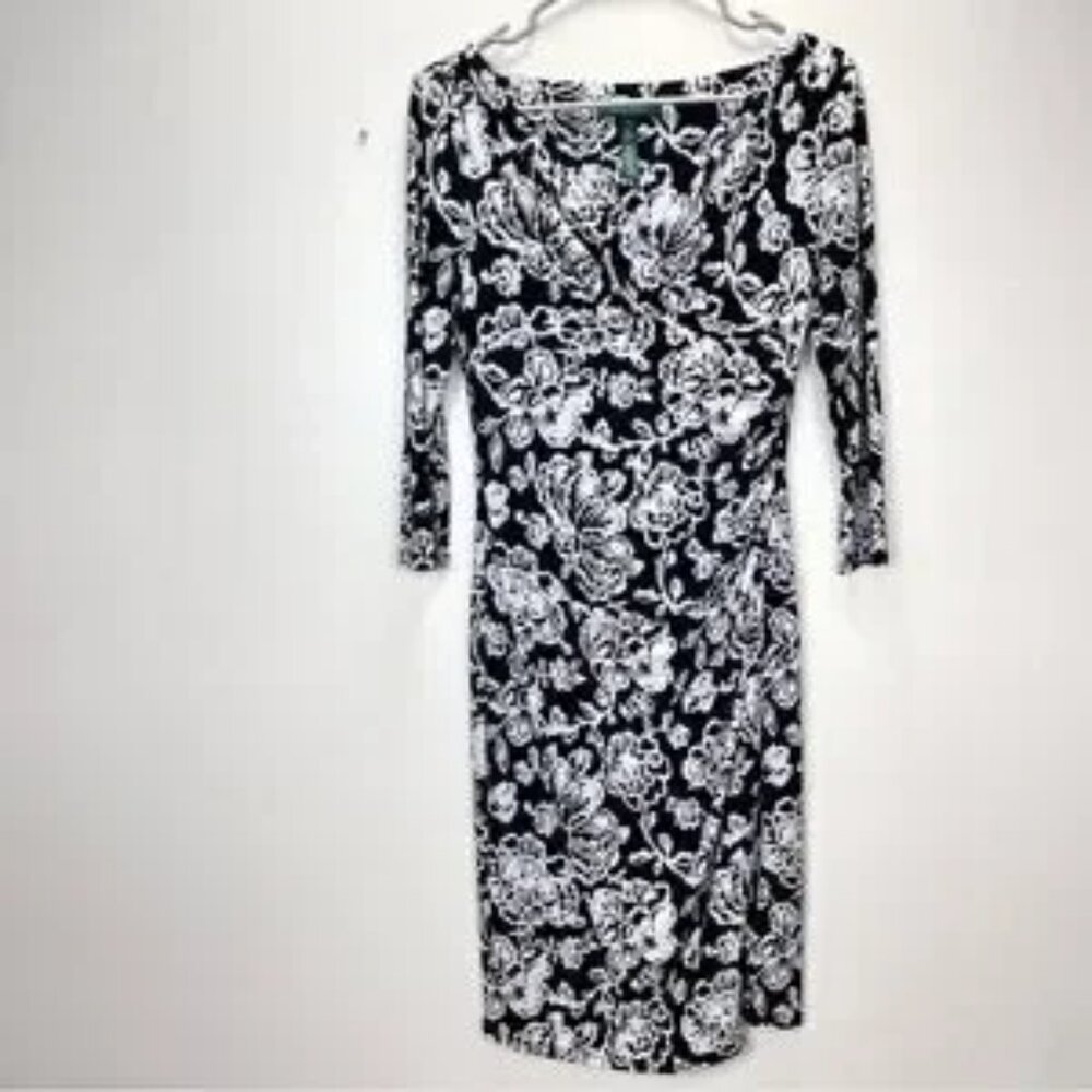 Lauren Ralph Lauren Black and White Floral Dress with 3/4 Sleeve- Size 2 - Picture 4 of 8